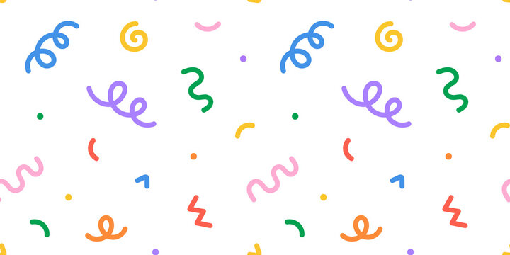 Fun colorful line doodle seamless pattern. Creative minimalist style art background for children or trendy design with basic shapes. Simple party confetti texture, childish scribble shape backdrop.