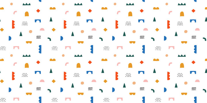 Fototapeta Fun colorful doodle seamless pattern. Creative minimalist style art background for children or trendy design with geometric shapes. Simple childish backdrop.