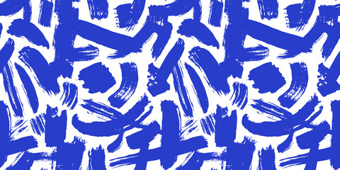 Abstract brush stroke painting seamless pattern illustration. Modern paint line background in blue color. Messy graffiti sketch wallpaper print, rough hand drawn texture.	