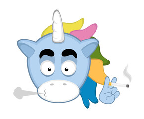 vector illustration face of a cartoon unicorn smoking a cigarette