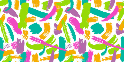 Colorful abstract brush stroke painting seamless pattern illustration. Modern paint line background in fun 80s pop art color. Messy graffiti sketch wallpaper print, freehand rough hand drawn texture.