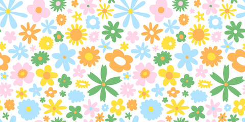 Colorful retro flower bed seamless pattern. Vintage scandinavian art style floral background print. Spring nature wallpaper texture, beautiful cartoon garden backdrop.	