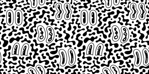Black and white retro cartoon eye seamless pattern illustration. Funny character art background with monochrome color shapes. Vintage drawing doodle wallpaper print texture.	
