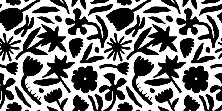 Black and white floral seamless pattern illustration. Vintage 70s style hippie flower background design. Monochrome color artwork, y2k nature backdrop with spring flowers.