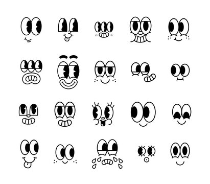 Funny retro cartoon character face drawing set on isolated background. Black and white vintage animation art style bundle. Trendy 50s mascot, facial expression graphic, mascot gesture sticker.
