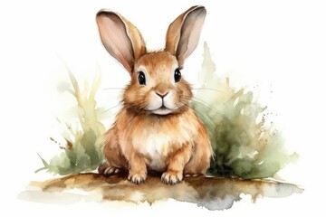 cute watercolor illustration for kids of a rabit, clipart, white background