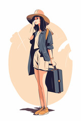 Woman with a suitcase. Adventure vector of a lady traveling with baggage. Tourism flat illustration