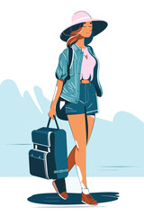 Woman with a suitcase. Adventure vector of a lady traveling with baggage. Tourism flat illustration