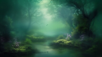 Fantastic, dreamy, sparkling, mysterious magical green forest with mist created with Generative AI technology