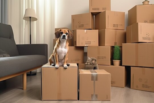 Dog Sits On Boxes, Moving To A New Home, Packing, Generative Ai