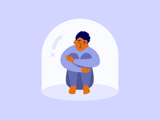 Unhappy man sitting hugging knees under real or imagined glass dome. Mental disorder, male depression, adolescent loneliness. Upset boy in psychological trapped, cage. Void vacuum vector illustration