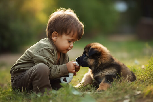 Cute puppy kissing adorable toddler outside in summer