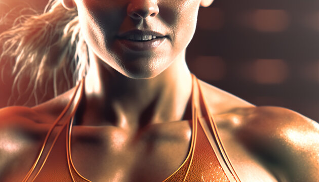 Blonde woman with athletic body on dark background. Generative AI.