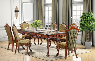 3D rendering . classic dining room .classic interior