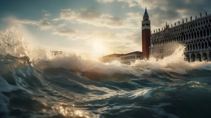 Giant wave in Venice, Italy due to global warming, Generative AI 