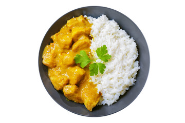 plate of chicken with curry sauce and rice isolated on transparent background, top view - obrazy, fototapety, plakaty