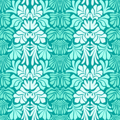 Turquoise abstract background with tropical palm leaves in Matisse style. Vector seamless pattern.