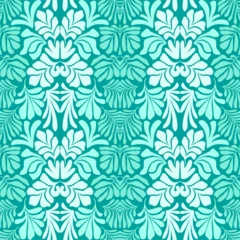Gordijnen Turquoise abstract background with tropical palm leaves in Matisse style. Vector seamless pattern. © Oleksandra