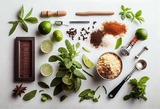 Top-down view of mojito ingredients and bar tools on a white table. Perfect for cocktail making. Generative AI