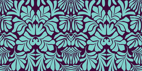 Turquoise purple abstract background with tropical palm leaves in Matisse style. Vector seamless pattern.