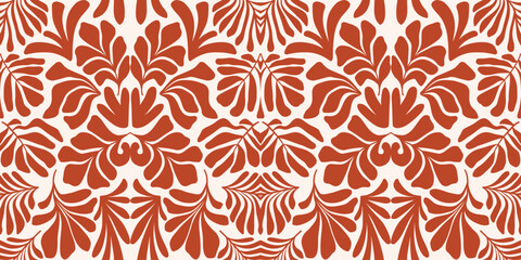 Brown white abstract background with tropical palm leaves in Matisse style. Vector seamless pattern.
