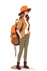 Tourism flat illustration. Woman with baggage. Tourist with a suitcase. Adventure vector of a lady traveling with backpack. 