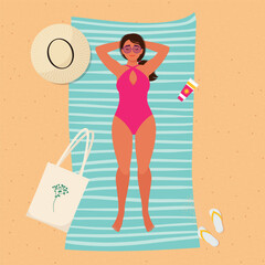 Woman sunbathing on sand beach in a summer time. Vector illustration in flat style