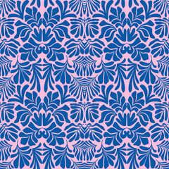 Pink blue abstract background with tropical palm leaves in Matisse style. Vector seamless pattern.