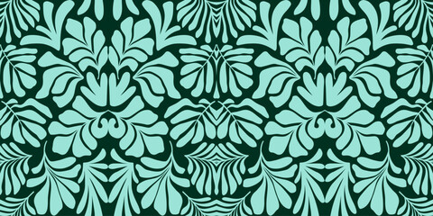 Turquoise green abstract background with tropical palm leaves in Matisse style. Vector seamless pattern.