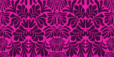 Purple pink abstract background with tropical palm leaves in Matisse style. Vector seamless pattern.