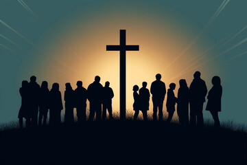 Illustration of Christian people with the cross as background
