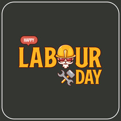 Happy labour day vector label with funky worker on grey background. vector happy labor day background or banner with man. workers may day cartoon graphic poster design template