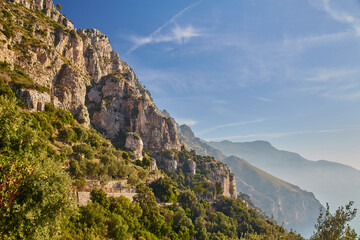 Fototapeta na wymiar Rocky Cliffs and Mountain Landscape by the Tyrrhenian Sea. Amalfi Coast, Italy.