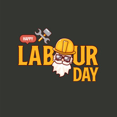 Happy labour day vector label with funky worker on grey background. vector happy labor day background or banner with man. workers may day cartoon graphic poster design template