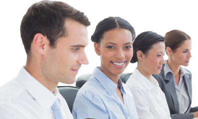 Portrait of smiling businesswoman with colleagues in conference