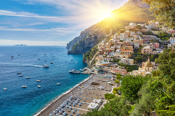 Beautiful view of Positano city in Amalfi Coast - obrazy, fototapety, plakaty