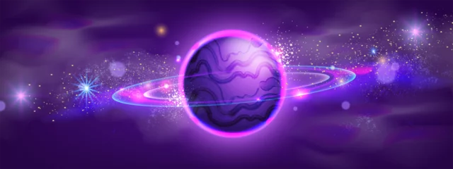 Selbstklebende Fototapeten Violett Game space planet background, vector cartoon purple neon alien galaxy banner, cosmic star sky. Universe planetary nebula illustration, futuristic Saturn sphere, sci-fi atmosphere clipart. Space planet  © Oleksandra