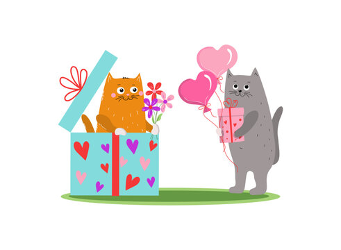 Set of cartoon cats. Cats with balloons, flowers, hearts, gifts. Birthday, wedding, Pet. Valentine's Day greetings. Balloon in the shape of a heart. Pair of cats.  Cute badge of kittens with a gift.