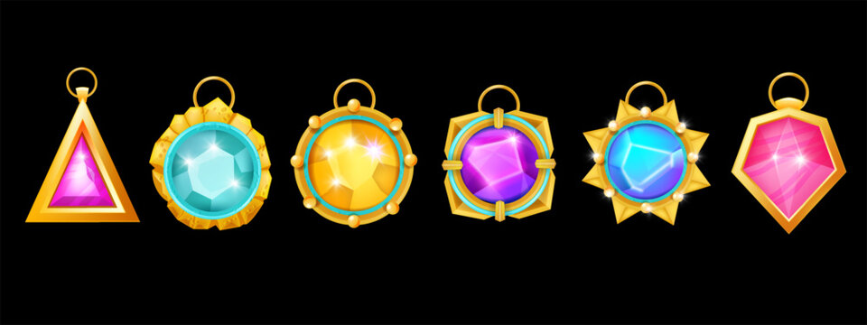 Game necklace amulet set, vector UI gemstone badge magic medieval jewellery crystal icon kit. Vintage wizard fairytale stone, cartoon circle witchcraft award fantasy diamond trophy. Witch magic amulet