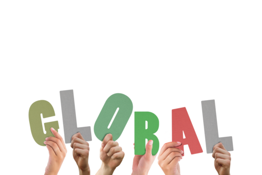 Colorful alphabet spelling global held up by people 