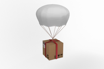 Tuinposter Graphic image of 3D parachute carrying cardboard box © vectorfusionart