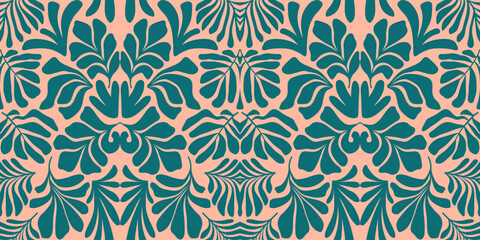Peach green abstract background with tropical palm leaves in Matisse style. Vector seamless pattern.