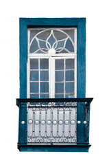 Vintage wooden window with balcony isolated on white background, Brazilian old window.