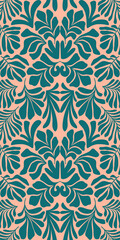 Peach green abstract background with tropical palm leaves in Matisse style. Vector seamless pattern.