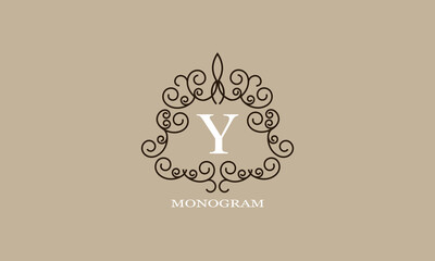 Logo template with elements of calligraphic elegant ornament and letter Y in the center. Identity design for shop or cafe, store, restaurant, boutique, hotel, heraldry shop, fashion, etc.