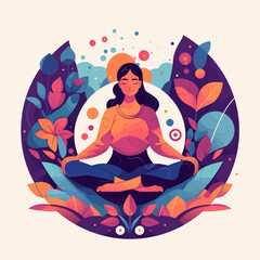 Woman in meditation. Lotus pose sitting with legs crosse. Spiritual yoga exercise minimalistic vector.