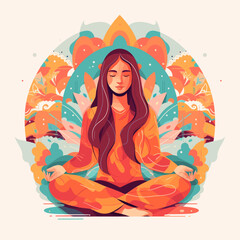 Woman sitting in meditation pose with legs crossed. Yoga spiritual exercise minimalistic vector illustration.