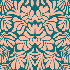 Fototapeta premium Peach green abstract background with tropical palm leaves in Matisse style. Vector seamless pattern.
