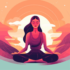 Fototapeta na wymiar Woman in meditation. Lotus pose sitting with legs crosse. Spiritual yoga exercise minimalistic vector.