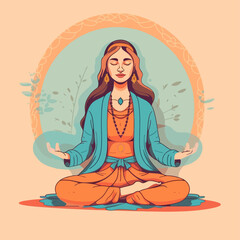 Woman in meditation. Lotus pose sitting with legs crosse. Spiritual yoga exercise minimalistic vector.